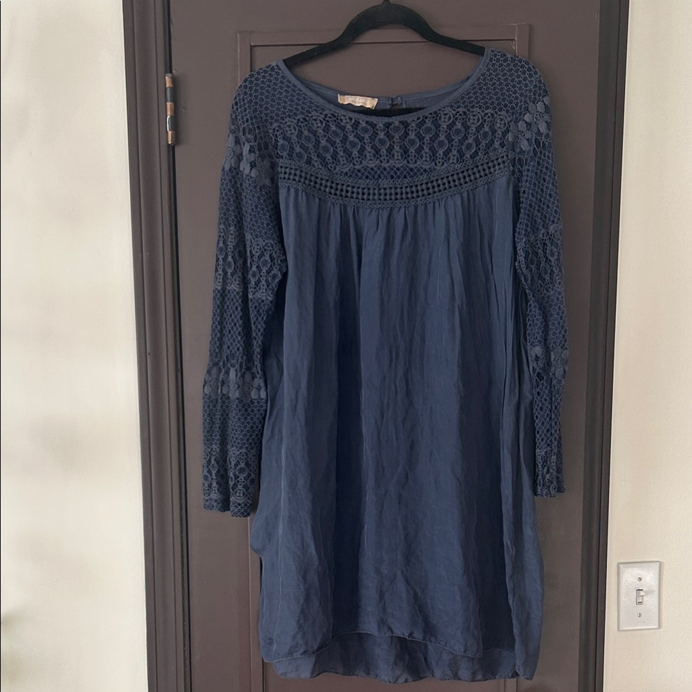 Blue Silk Giulia Sheer Mini Dress with Crochet Sleeves